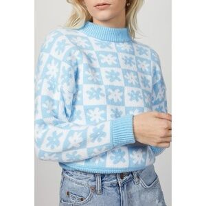 Lisa Says Gah Emma Sweater Blue White Check Floral Flowers Daisy Size XS/S Retro